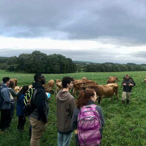 A group of college students stands in a pasture.