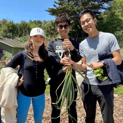 Three people on a ranch. One holds a harvested onion.