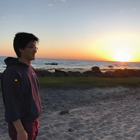 A person at the beach with the sun setting