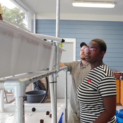 A student and a professor in an aquaponics lab