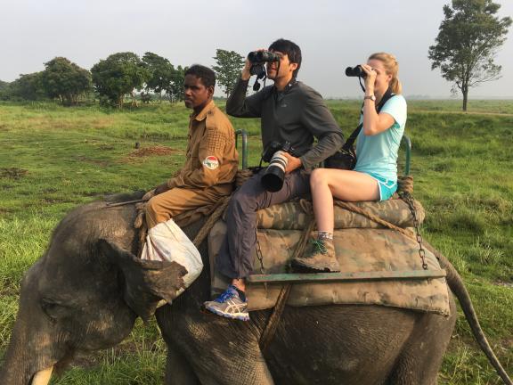 Three people ride an elephant