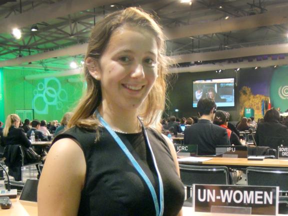 A woman in a convention hall