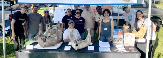 A group of students at an information booth on elephants.
