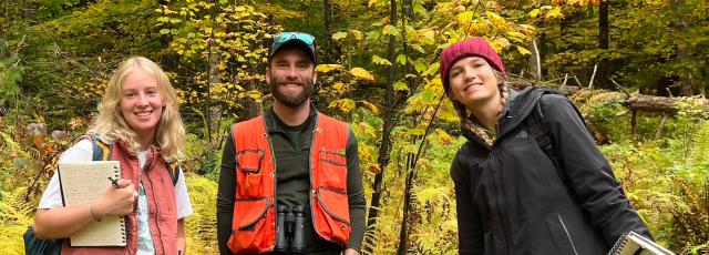 Three people standing in a forest.