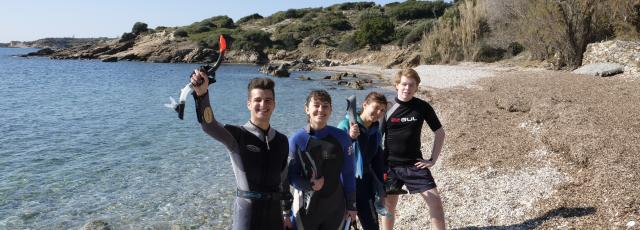 Four people in SCUBA gear stand on the shore