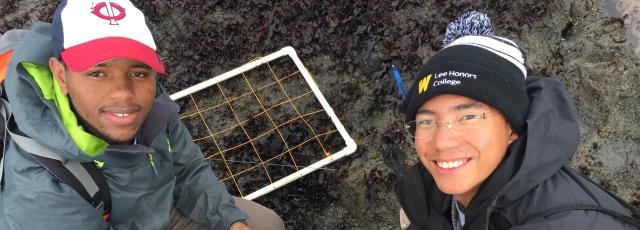 Students smile while huddled over a tidal pool.